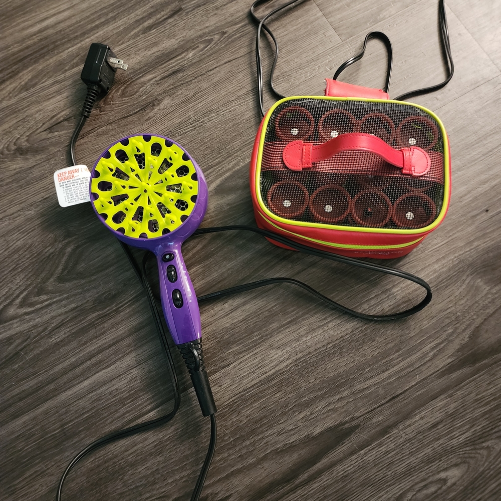 Purple and Yellow Hair Dryer with Red and Black Case